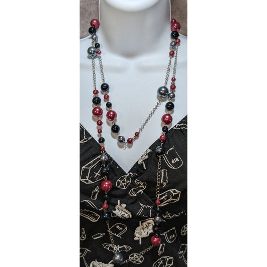 Gothic Black And Red Faux Pearl Long Necklace