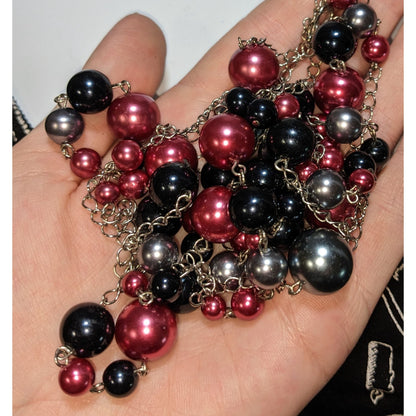 Gothic Black And Red Faux Pearl Long Necklace