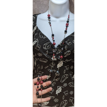 Gothic Black And Red Faux Pearl Long Necklace