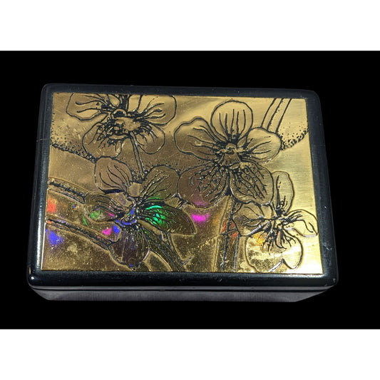 Vintage Floral Lidded Black And Gold Trinket Box