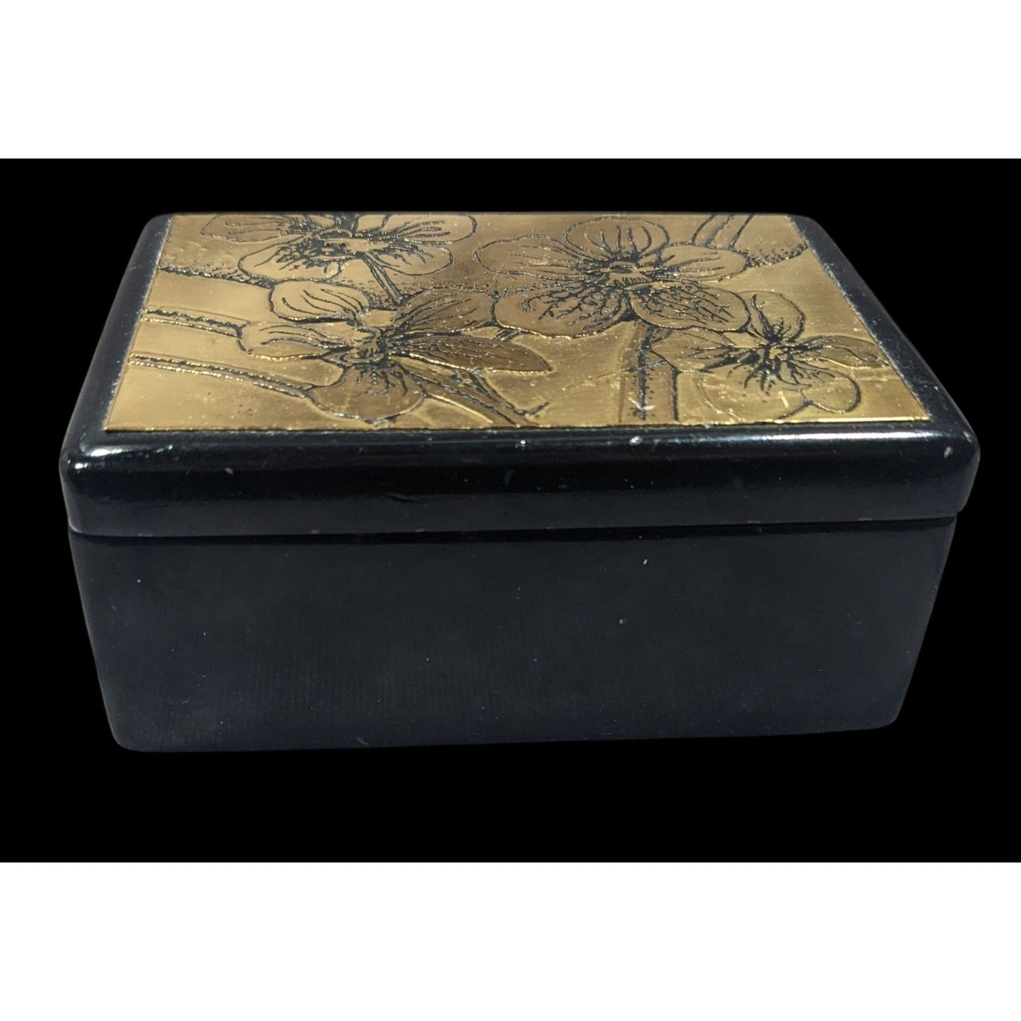 Vintage Floral Lidded Black And Gold Trinket Box