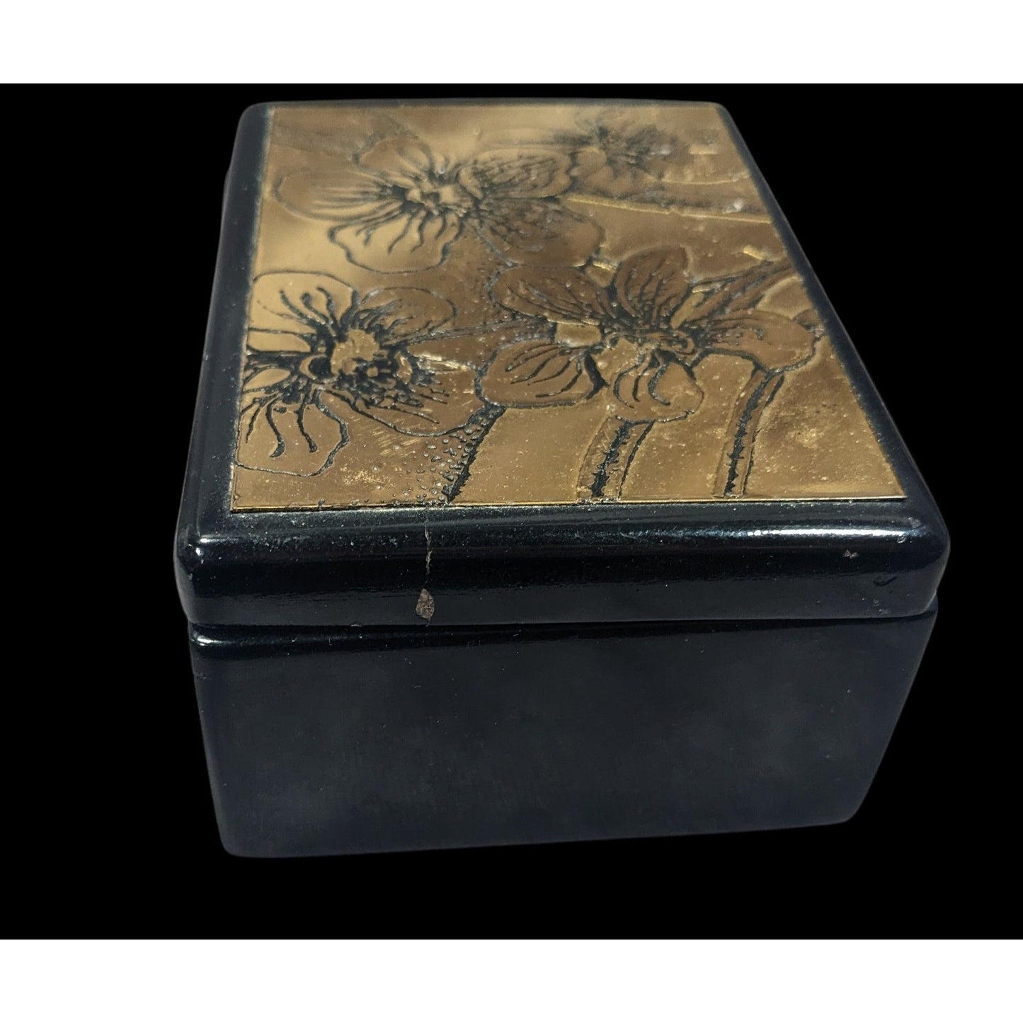 Vintage Floral Lidded Black And Gold Trinket Box