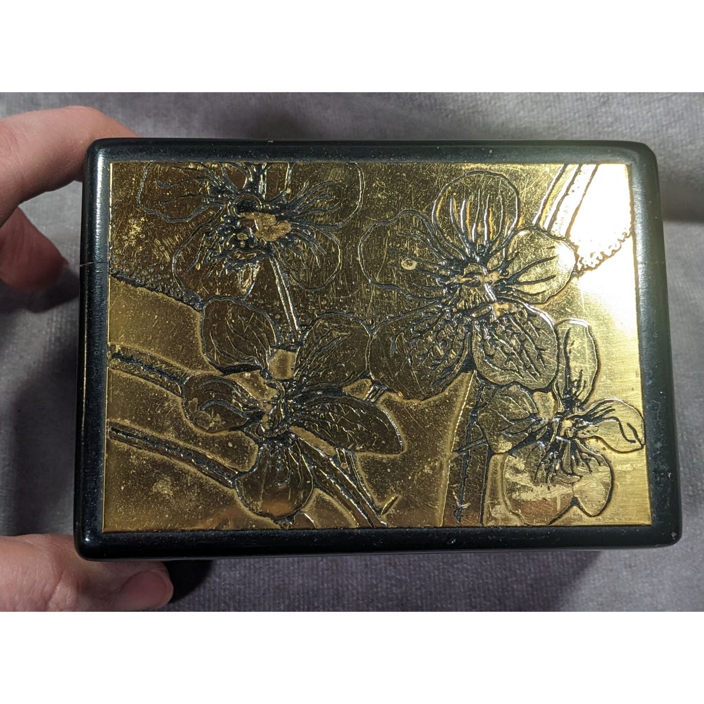 Vintage Floral Lidded Black And Gold Trinket Box