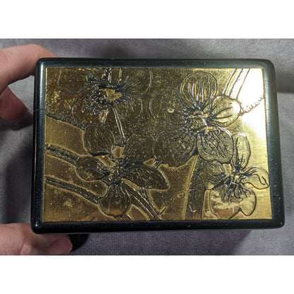 Vintage Floral Lidded Black And Gold Trinket Box