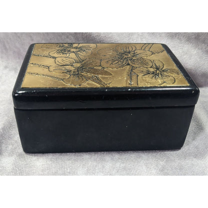 Vintage Floral Lidded Black And Gold Trinket Box