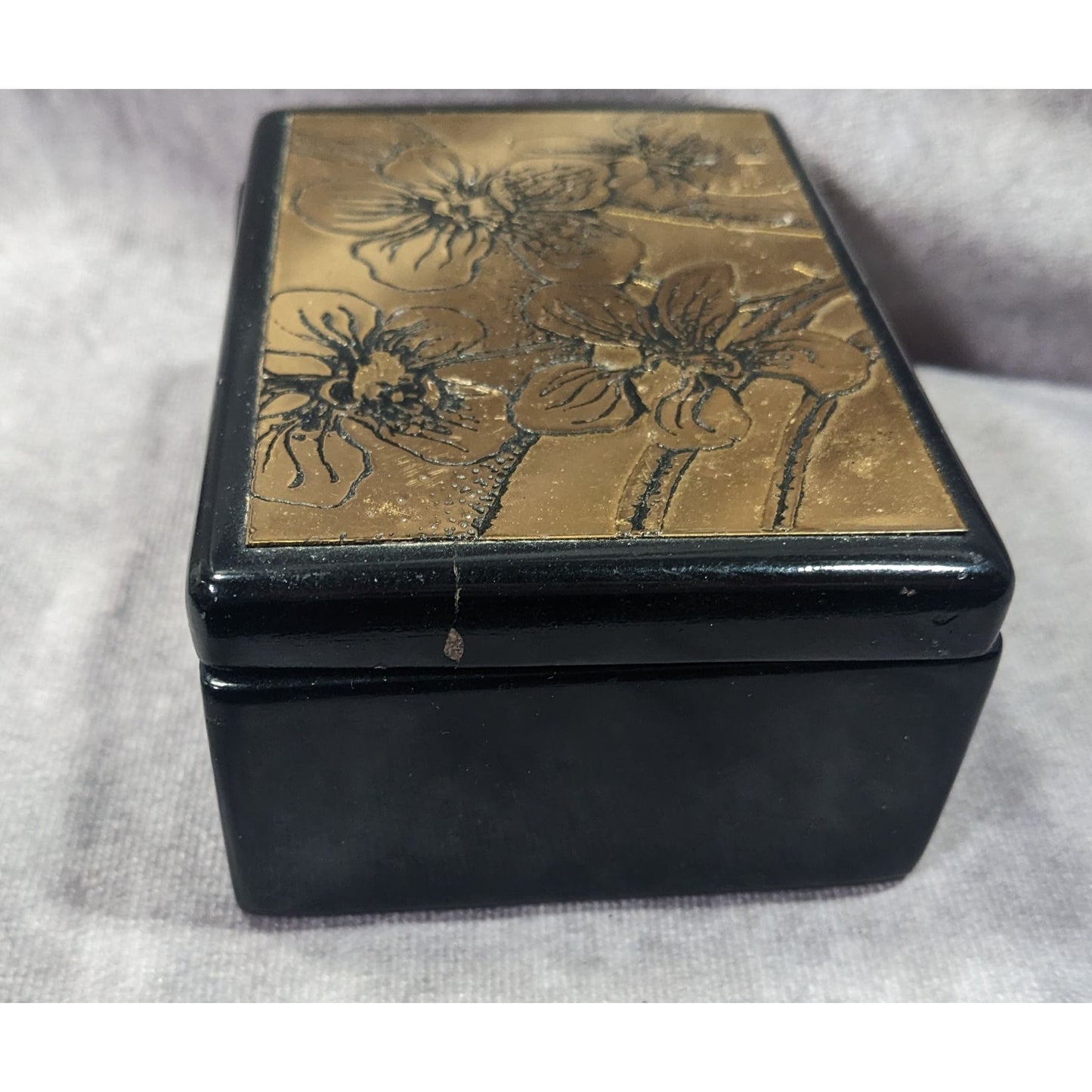Vintage Floral Lidded Black And Gold Trinket Box