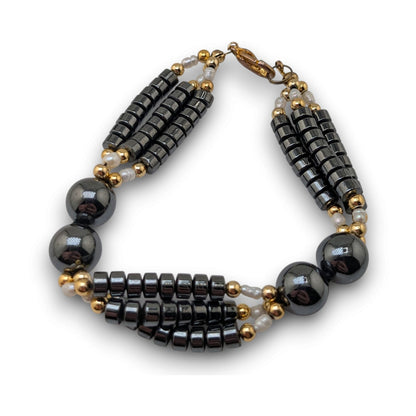 Vintage Gothic Glam Hematite Freshwater Pearl Triple Strand Bracelet 6 Inch