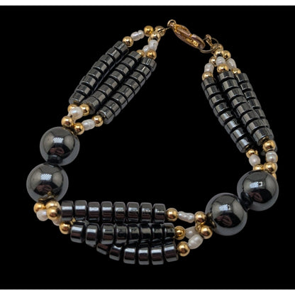 Vintage Gothic Glam Hematite Freshwater Pearl Triple Strand Bracelet 6 Inch
