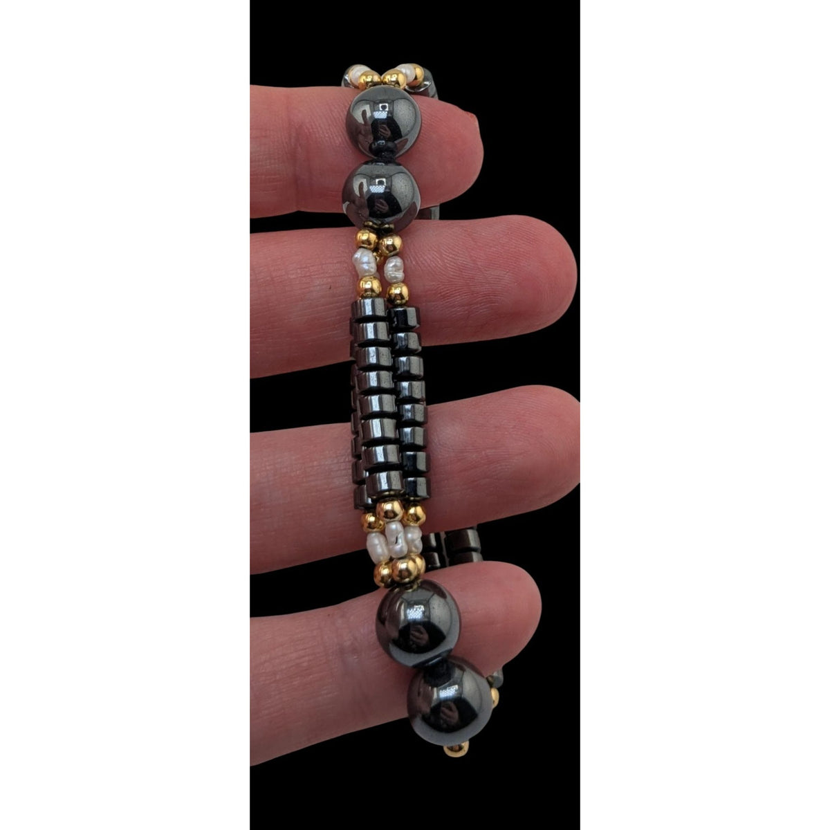 Vintage Gothic Glam Hematite Freshwater Pearl Triple Strand Bracelet 6 Inch