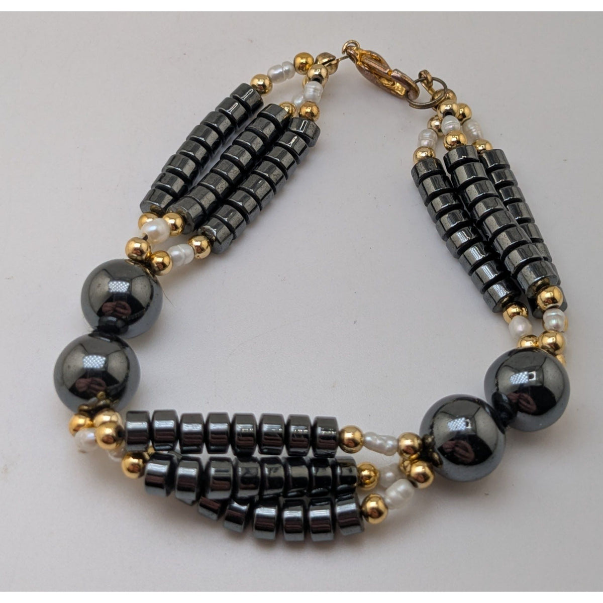Vintage Gothic Glam Hematite Freshwater Pearl Triple Strand Bracelet 6 Inch