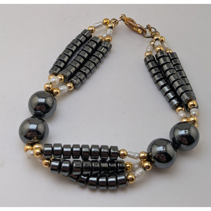 Vintage Gothic Glam Hematite Freshwater Pearl Triple Strand Bracelet 6 Inch