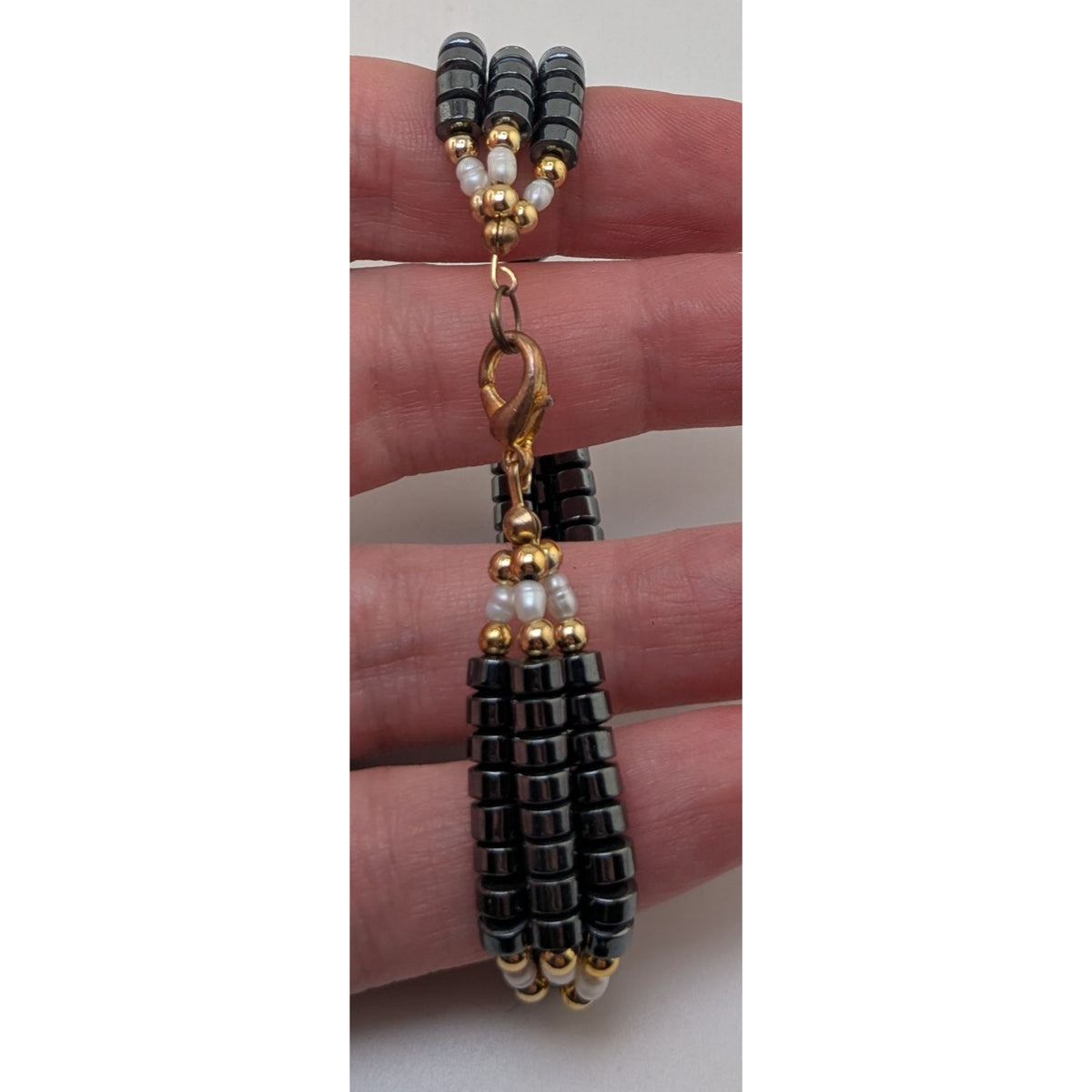 Vintage Gothic Glam Hematite Freshwater Pearl Triple Strand Bracelet 6 Inch