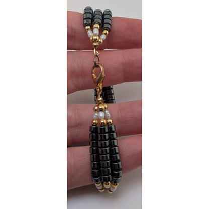 Vintage Gothic Glam Hematite Freshwater Pearl Triple Strand Bracelet 6 Inch