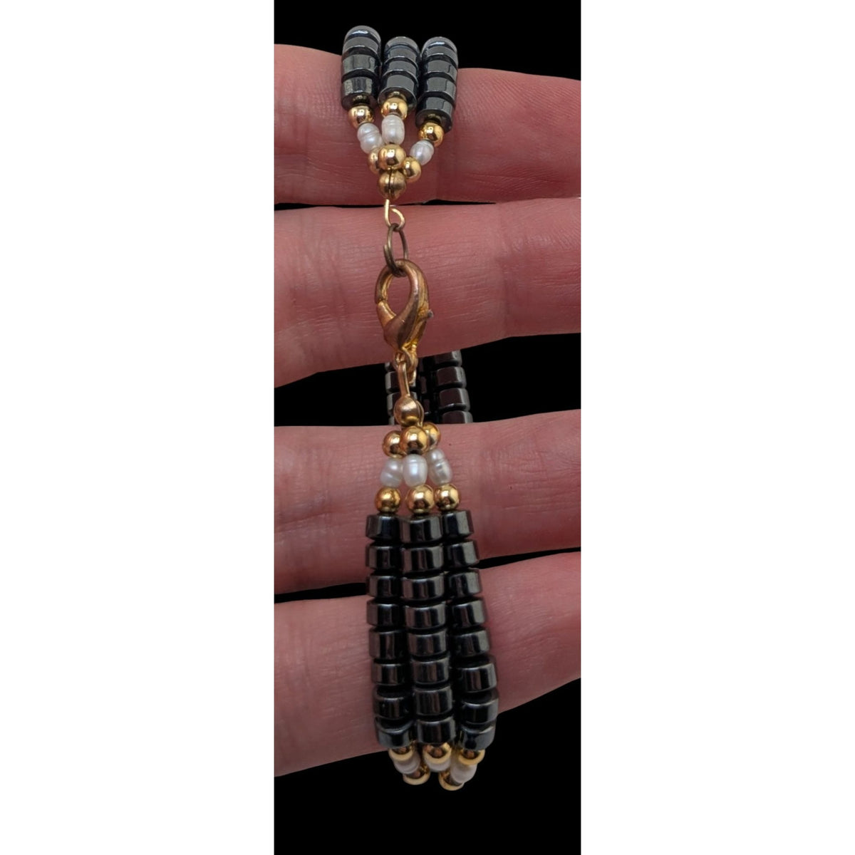 Vintage Gothic Glam Hematite Freshwater Pearl Triple Strand Bracelet 6 Inch