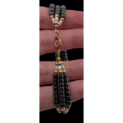 Vintage Gothic Glam Hematite Freshwater Pearl Triple Strand Bracelet 6 Inch