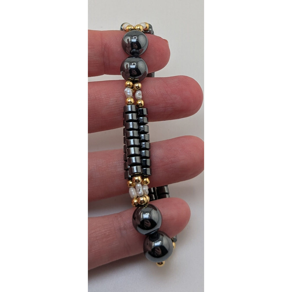 Vintage Gothic Glam Hematite Freshwater Pearl Triple Strand Bracelet 6 Inch