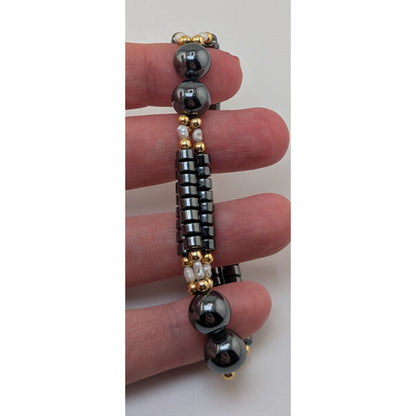 Vintage Gothic Glam Hematite Freshwater Pearl Triple Strand Bracelet 6 Inch
