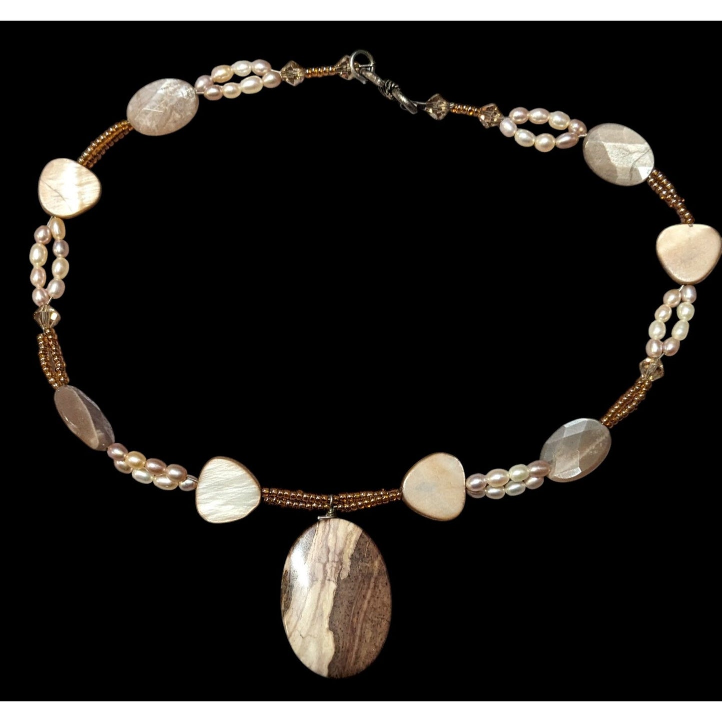 Brown Jasper Glass Pearl And Shell Beaded Necklace