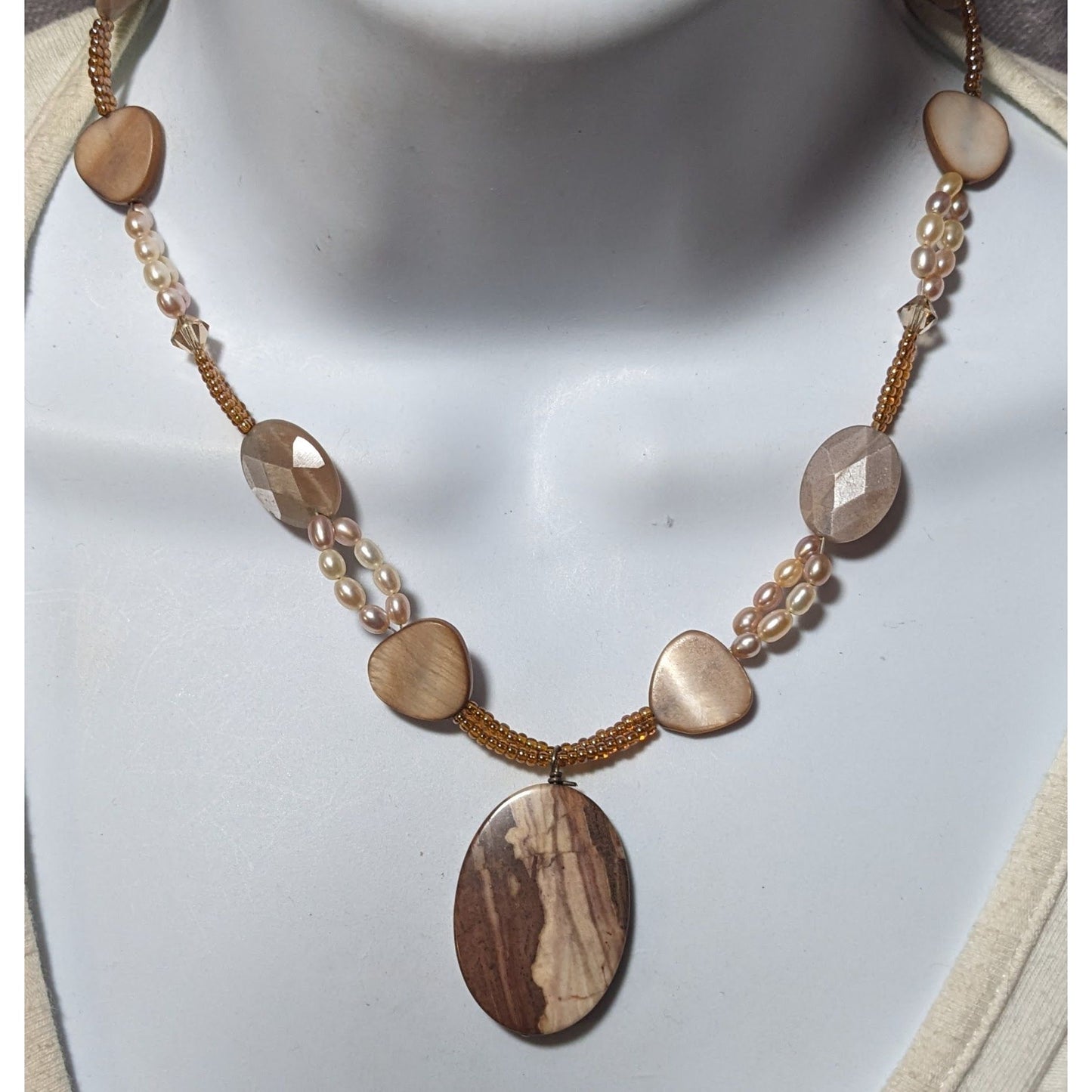 Brown Jasper Glass Pearl And Shell Beaded Necklace