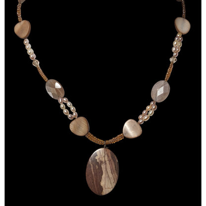 Brown Jasper Glass Pearl And Shell Beaded Necklace