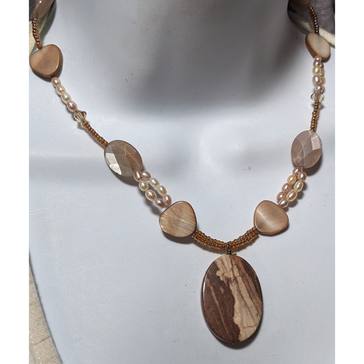 Brown Jasper Glass Pearl And Shell Beaded Necklace