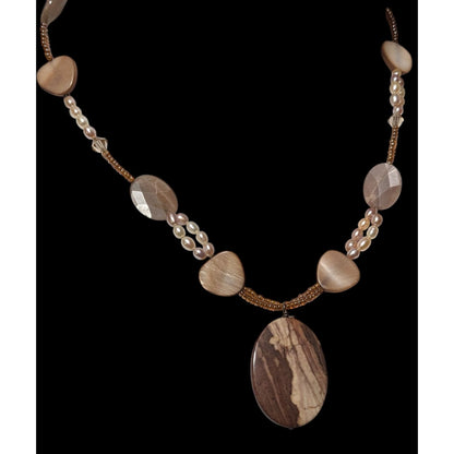 Brown Jasper Glass Pearl And Shell Beaded Necklace