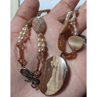 Brown Jasper Glass Pearl And Shell Beaded Necklace