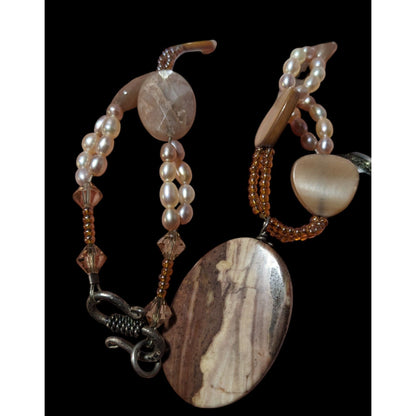 Brown Jasper Glass Pearl And Shell Beaded Necklace