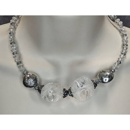 Handmade Embossed Silver Bead Necklace With Clear Accents