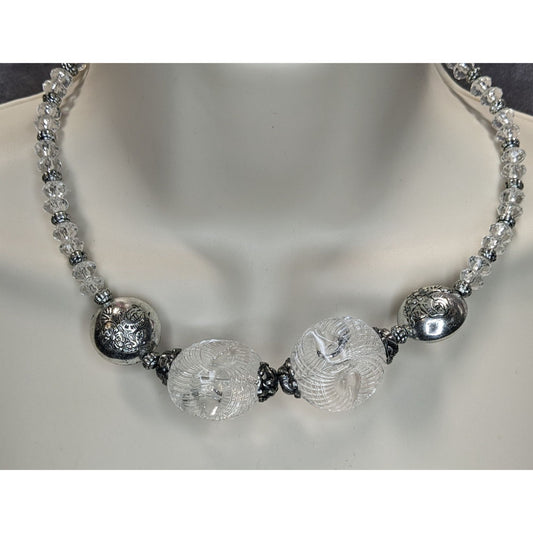 Handmade Embossed Silver Bead Necklace With Clear Accents