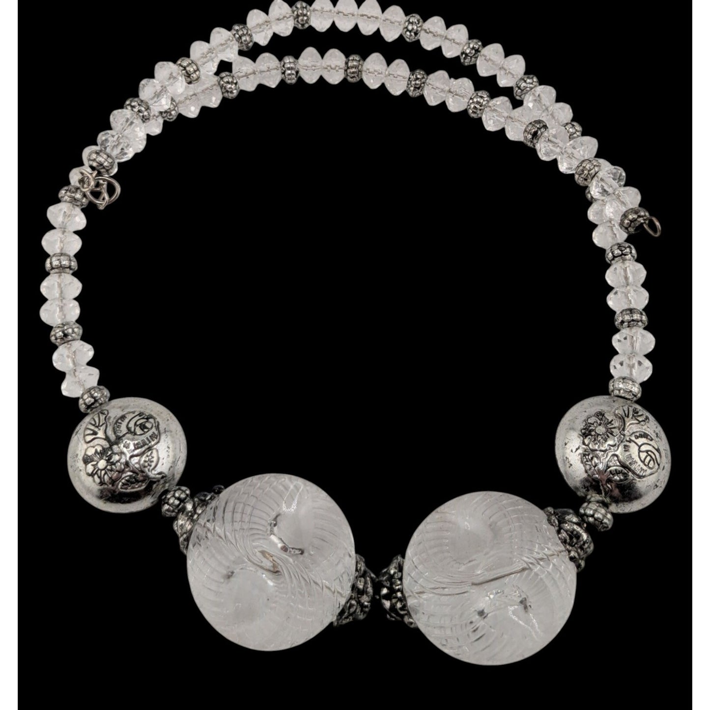 Handmade Embossed Silver Bead Necklace With Clear Accents