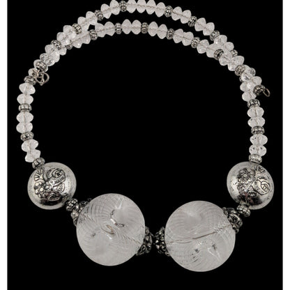 Handmade Embossed Silver Bead Necklace With Clear Accents