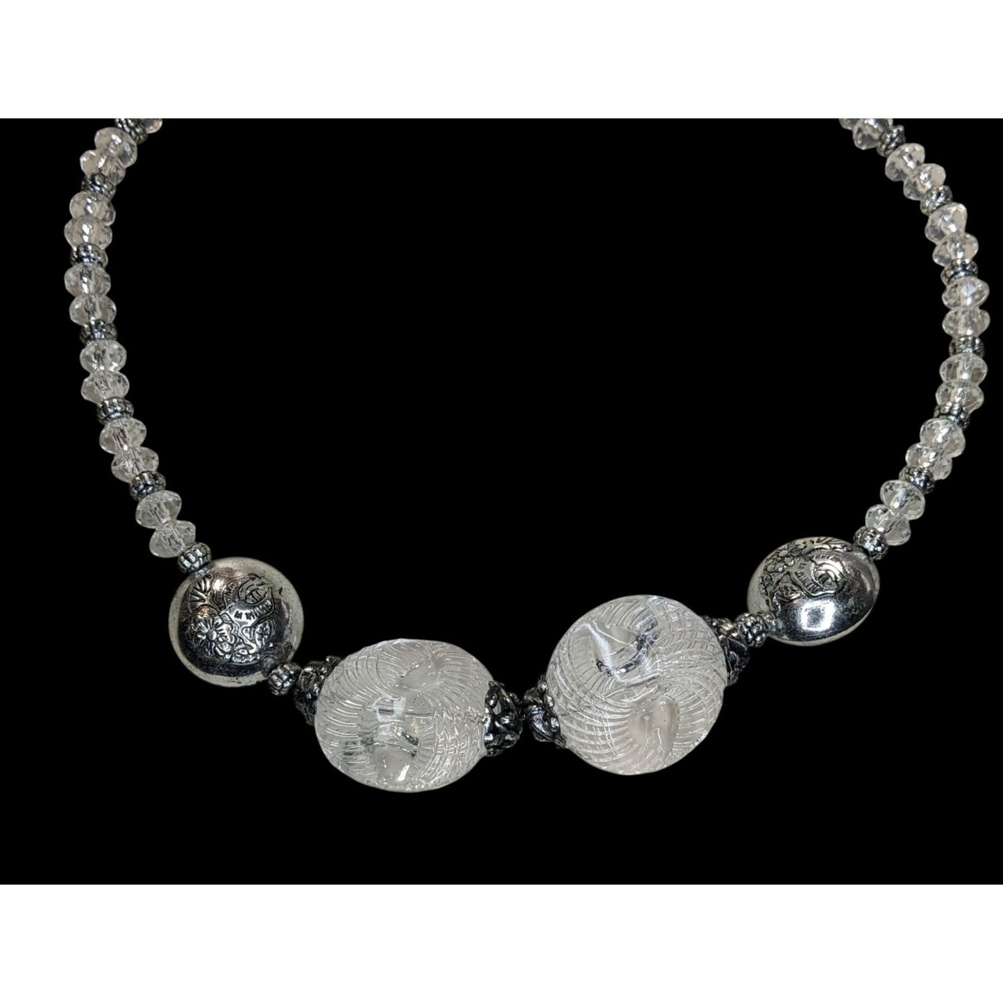 Handmade Embossed Silver Bead Necklace With Clear Accents
