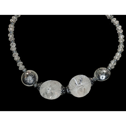 Handmade Embossed Silver Bead Necklace With Clear Accents