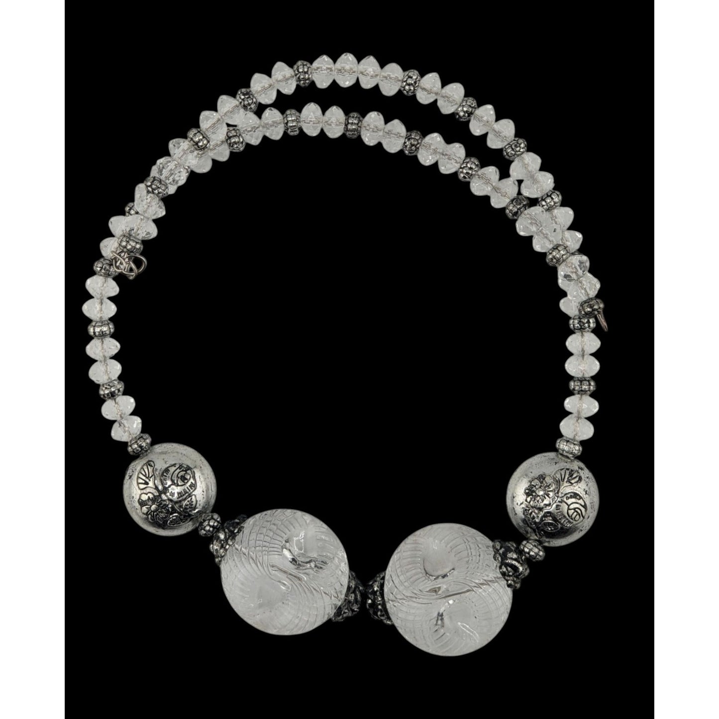 Handmade Embossed Silver Bead Necklace With Clear Accents