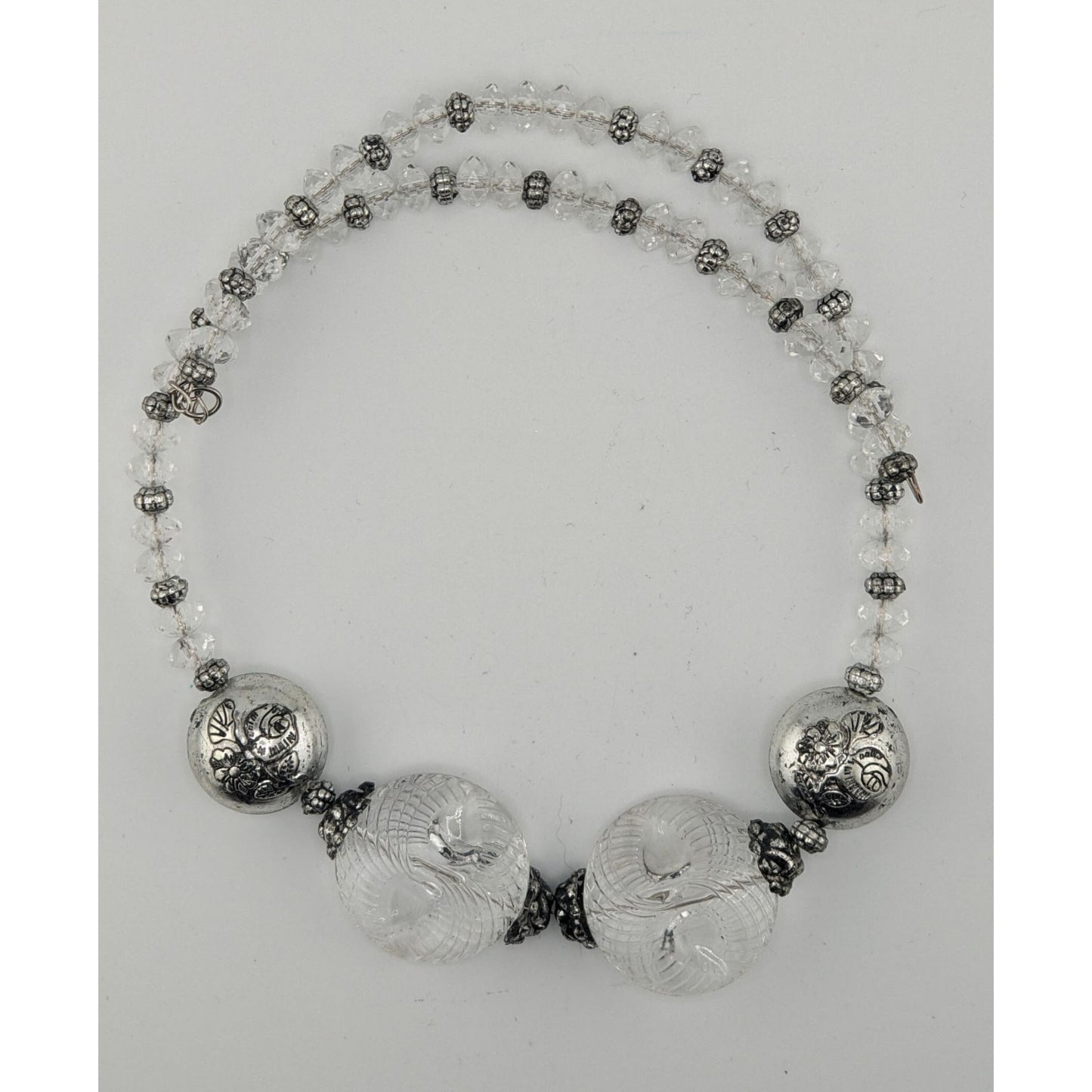 Handmade Embossed Silver Bead Necklace With Clear Accents