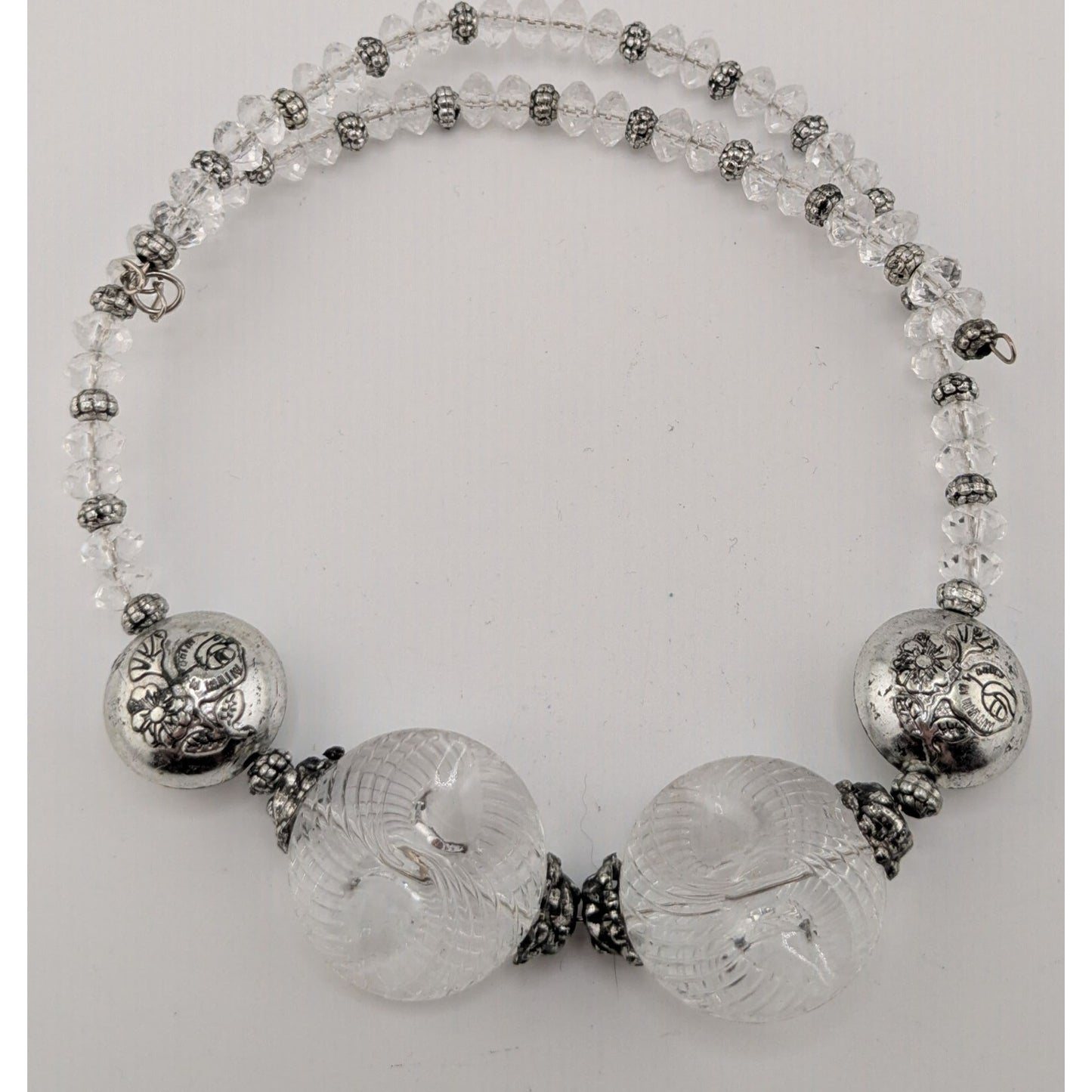 Handmade Embossed Silver Bead Necklace With Clear Accents