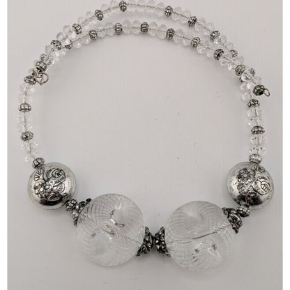 Handmade Embossed Silver Bead Necklace With Clear Accents