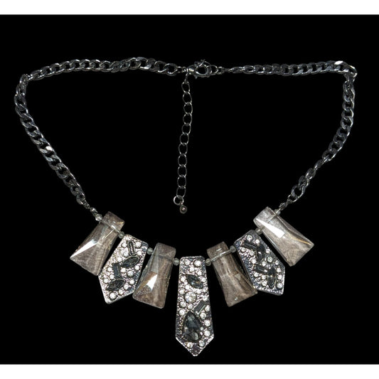 Glam Art Deco Style Gunmetal Geometric Crystal Statement Necklace