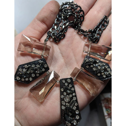 Glam Art Deco Style Gunmetal Geometric Crystal Statement Necklace
