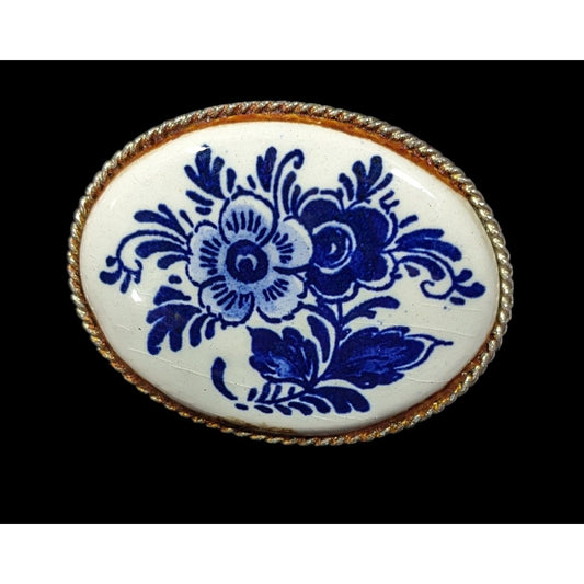 Vintage Floral Blue And White Ceramic Hand Painted Brooch