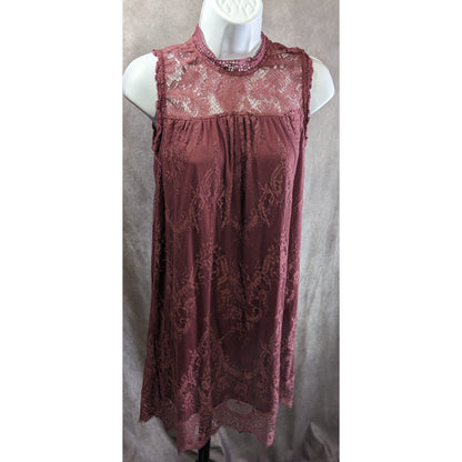 Mason & Belle Womens Berry Purple Lace Mini Dress Mock Neck Sleeveless Small