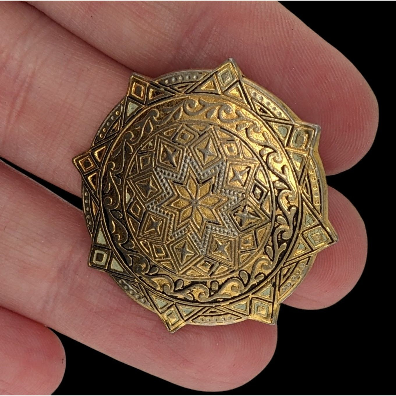 Vintage Spanish Damascene Brooch With Ornate Star Design