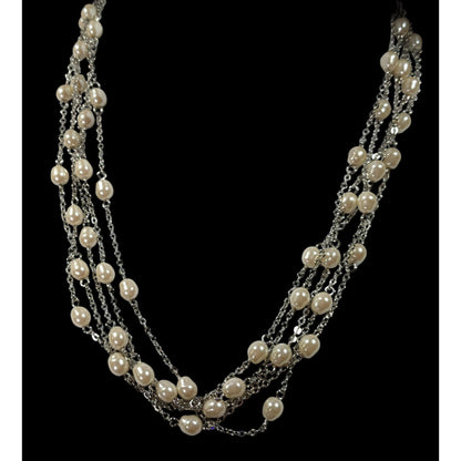 Elegant Glam Pearl Beaded Silver Tone Multilayer Necklace