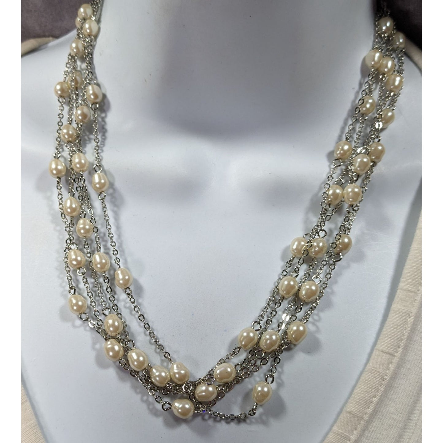 Elegant Glam Pearl Beaded Silver Tone Multilayer Necklace