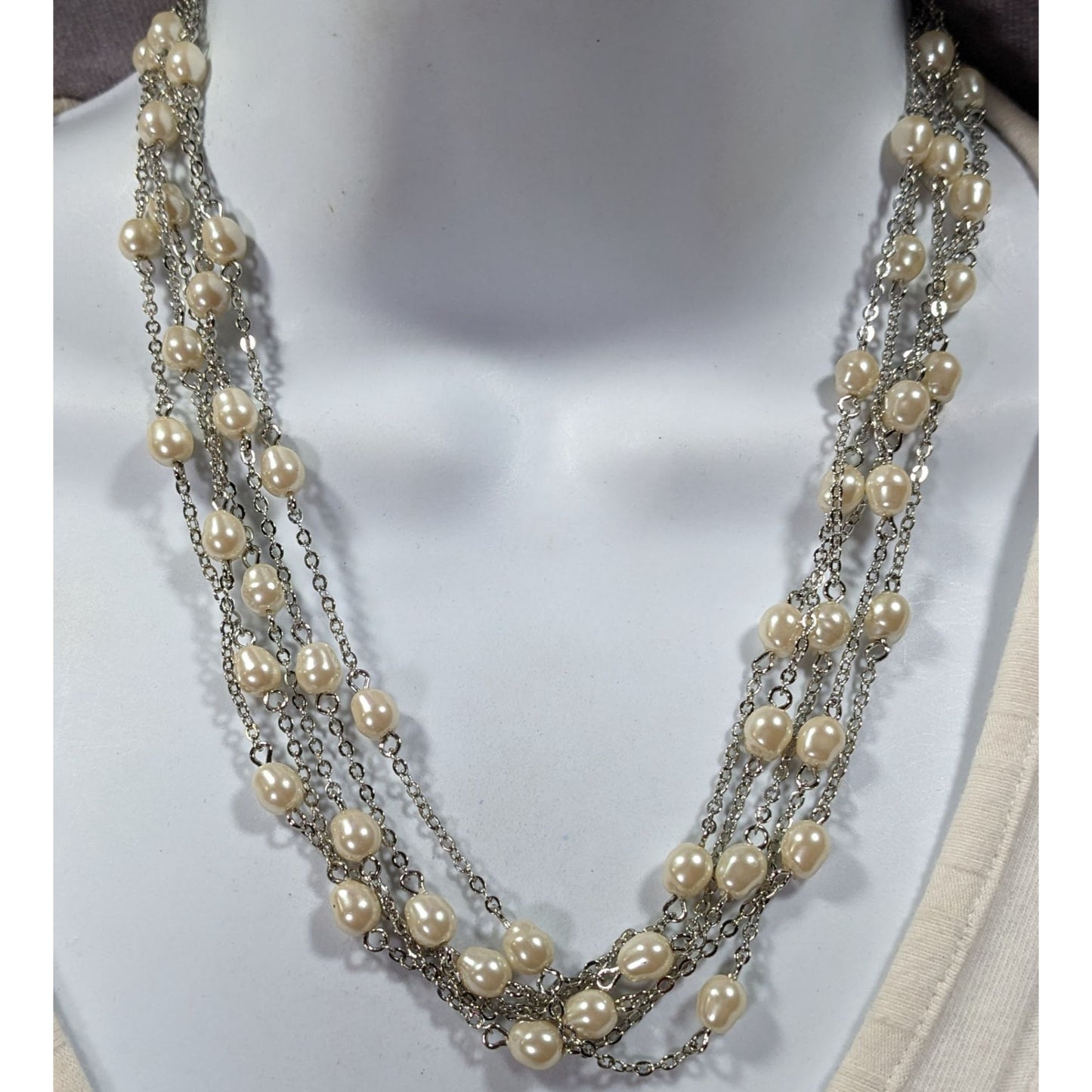 Elegant Glam Pearl Beaded Silver Tone Multilayer Necklace