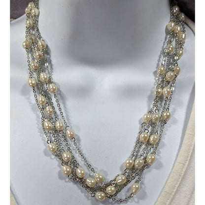 Elegant Glam Pearl Beaded Silver Tone Multilayer Necklace