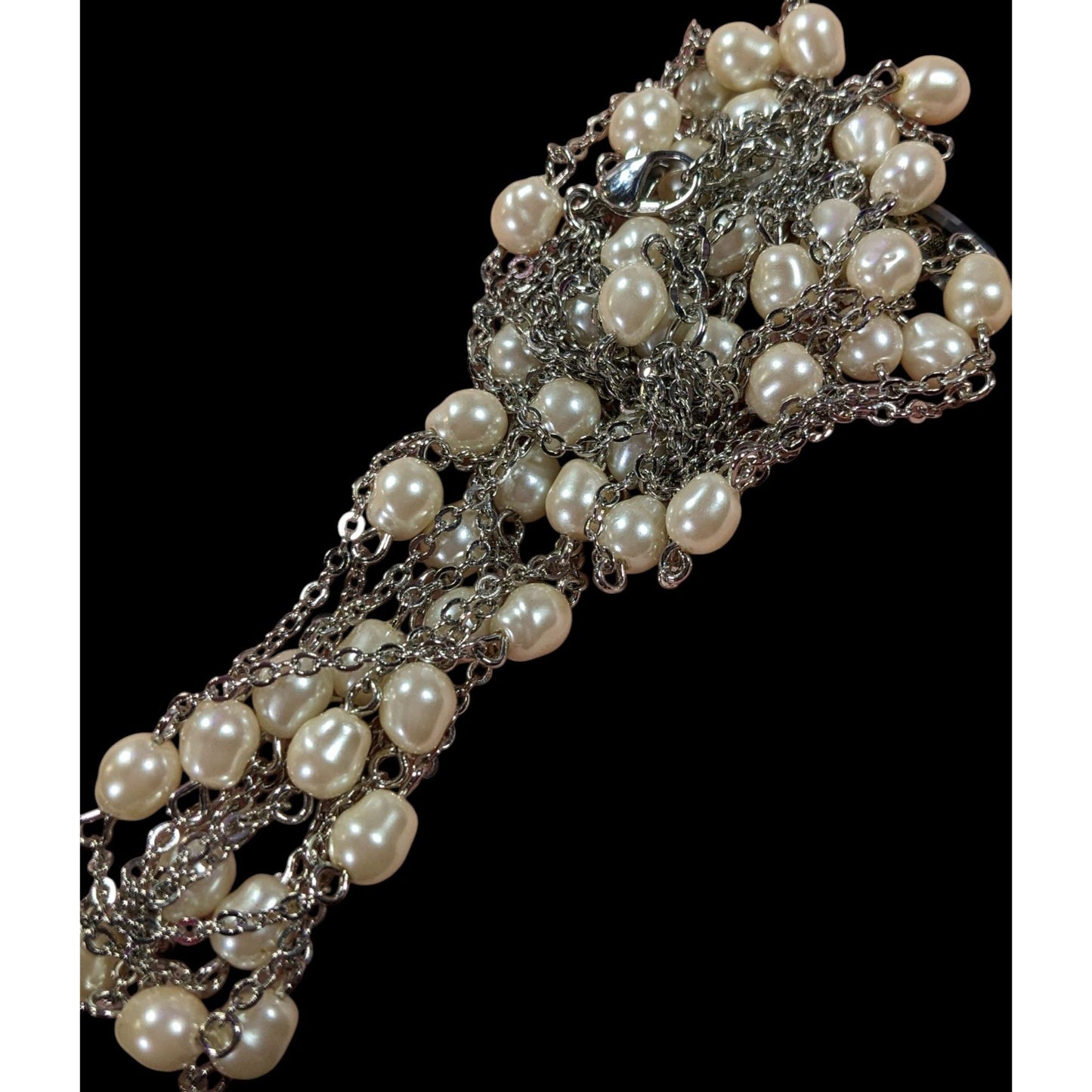 Elegant Glam Pearl Beaded Silver Tone Multilayer Necklace