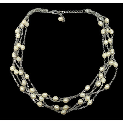 Elegant Glam Pearl Beaded Silver Tone Multilayer Necklace