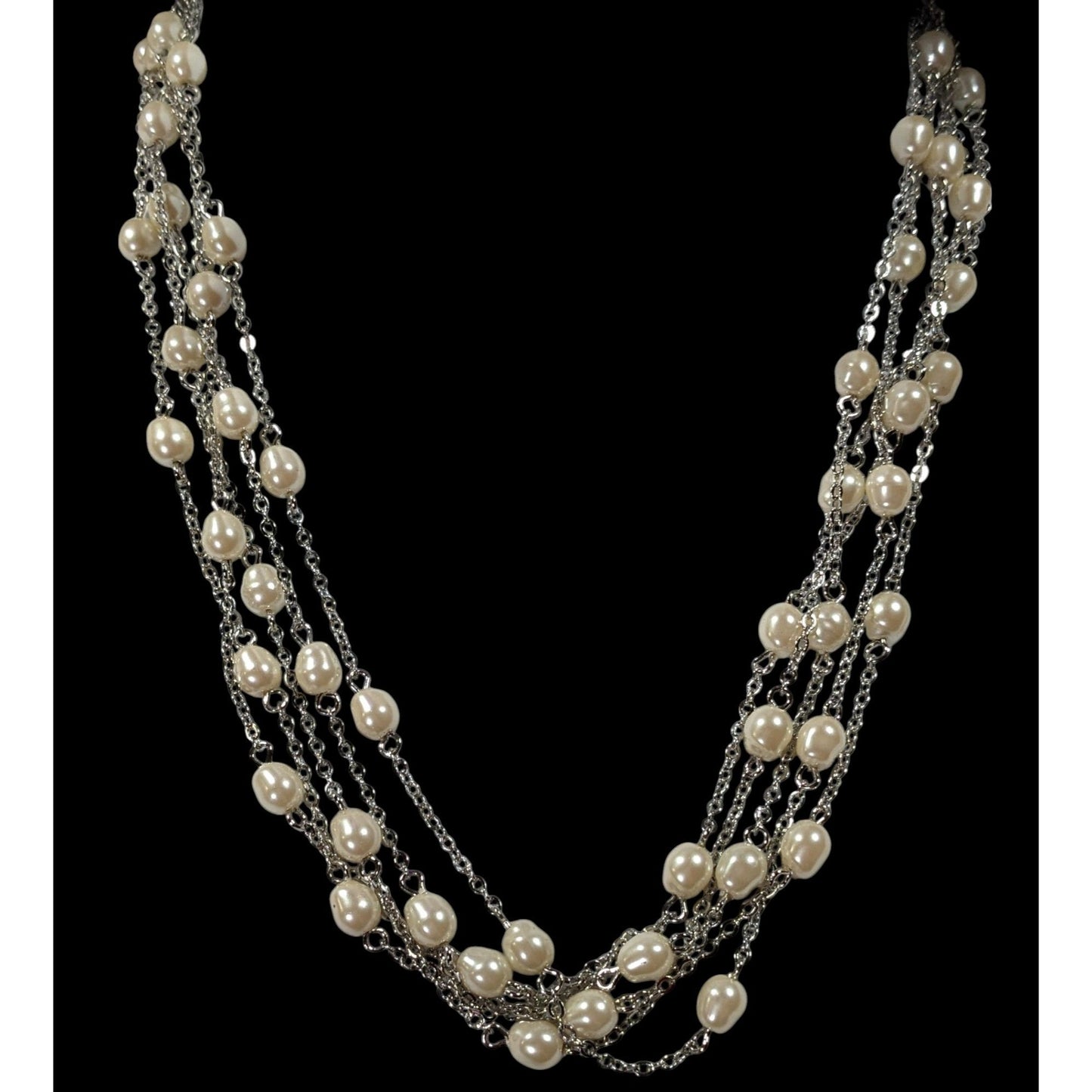 Elegant Glam Pearl Beaded Silver Tone Multilayer Necklace